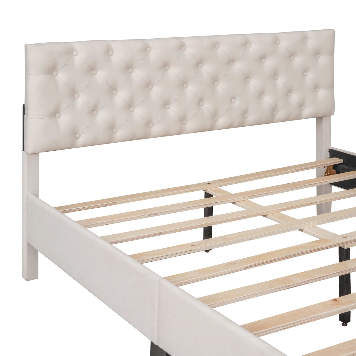 Beige Upholstered Fabric Queen Size Platform Bed Frame N921568