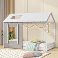 Wood Twin House Platform Bed with Roof and Window, Gray F2951