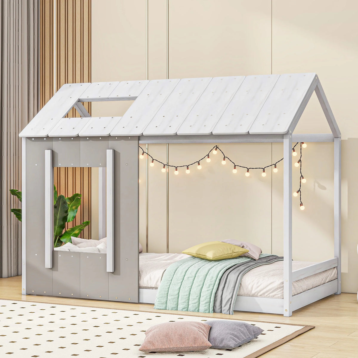 Wood Twin House Platform Bed with Roof and Window, Gray F2951