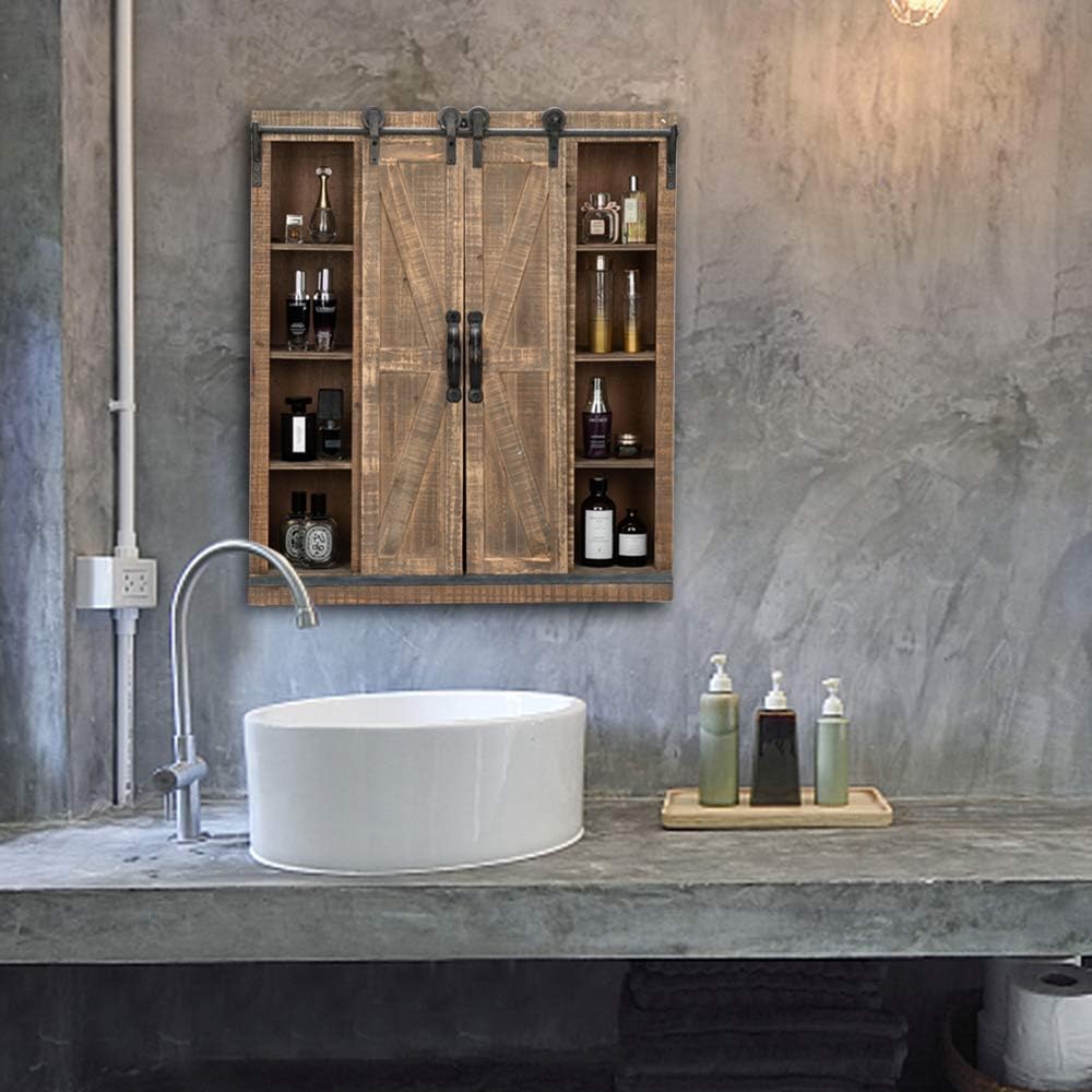 Rustic Wooden Wall Mounted Storage Cabinet with Sliding Barn Double Doors M34089