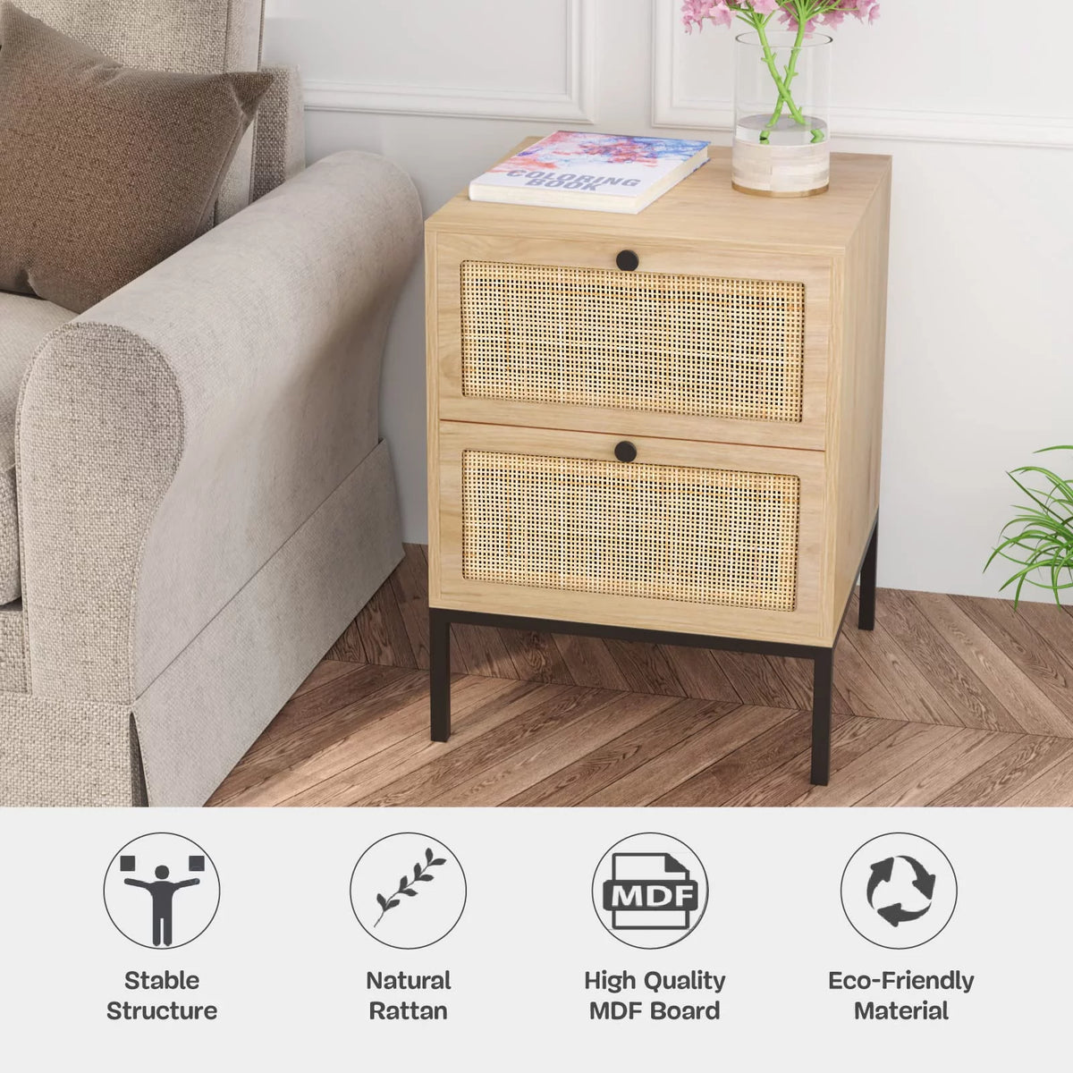 Set of 2 Rattan Storage Drawers and Shelf Nightstands A4504