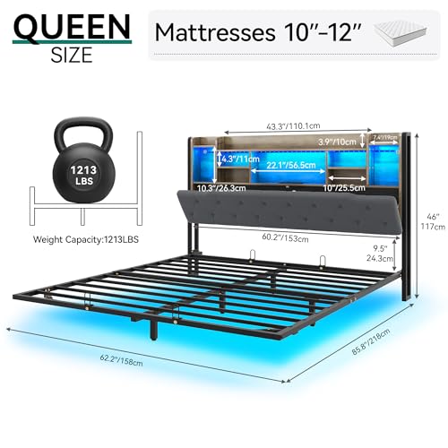 Gray Upholstered Floating Platform Bed with Charging Station I263