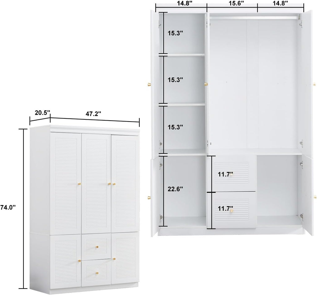 White 3 Door Wooden Armoire Wardrobe with 2 Drawers and Hanging Rod S68158