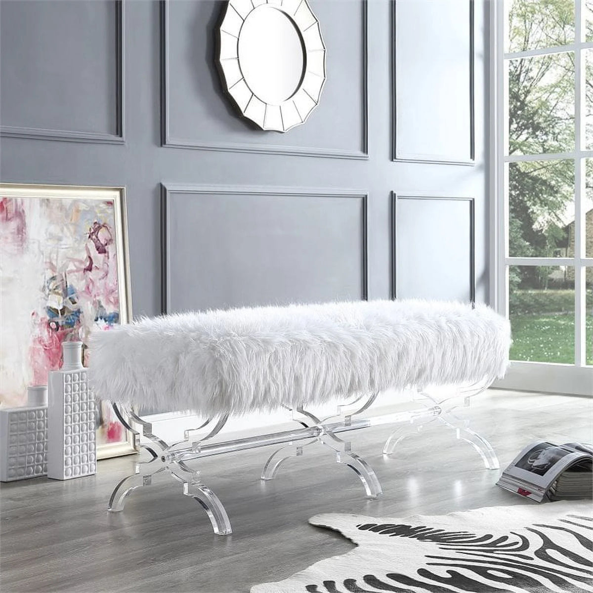 Faux Fur Upholstered Bench with Acrylic X-Legs Cream S6536