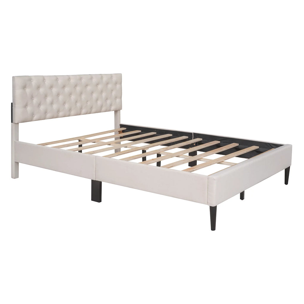 Beige Upholstered Fabric Queen Size Platform Bed Frame N921568