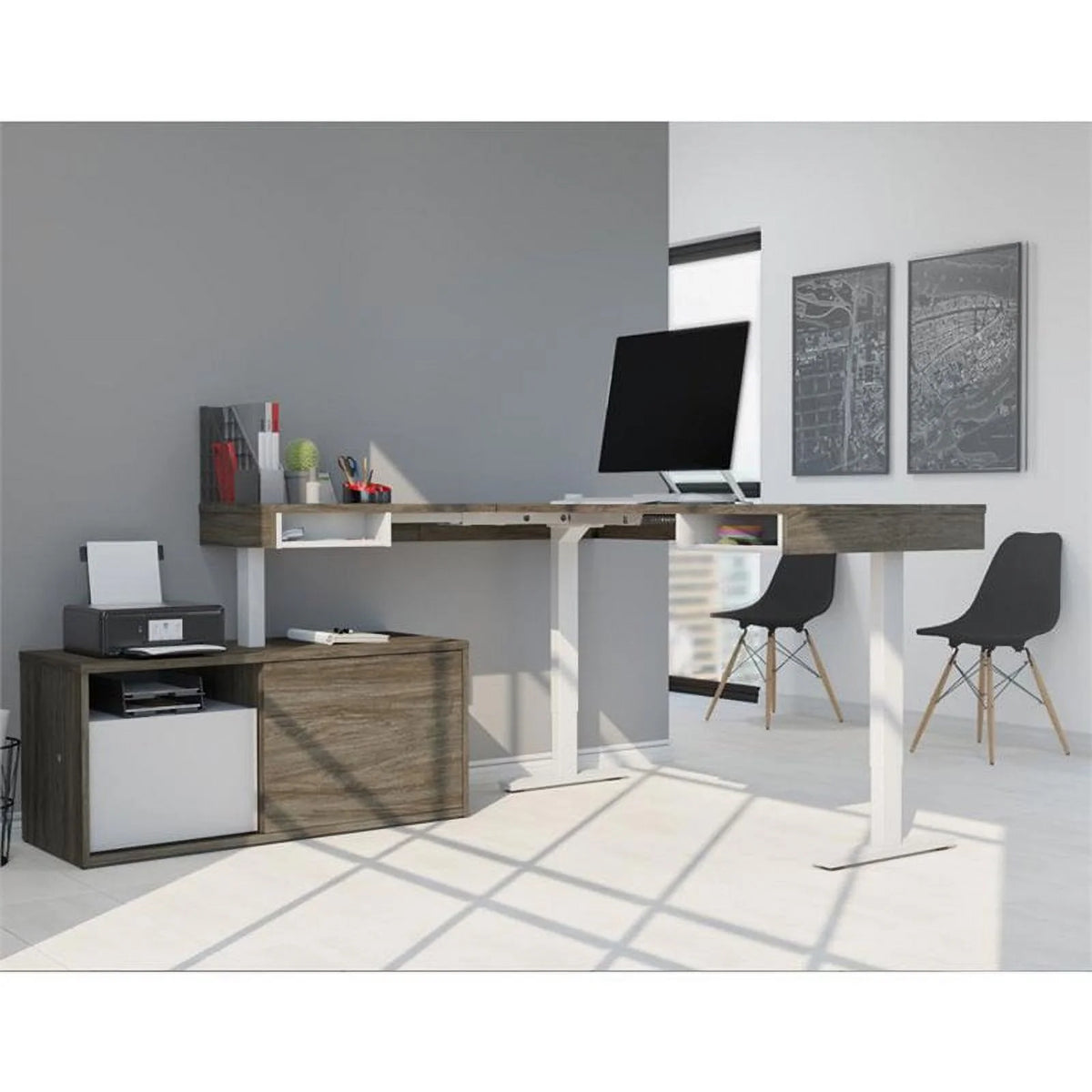 L Shaped Adjustable Standing Desk with Credenza M731