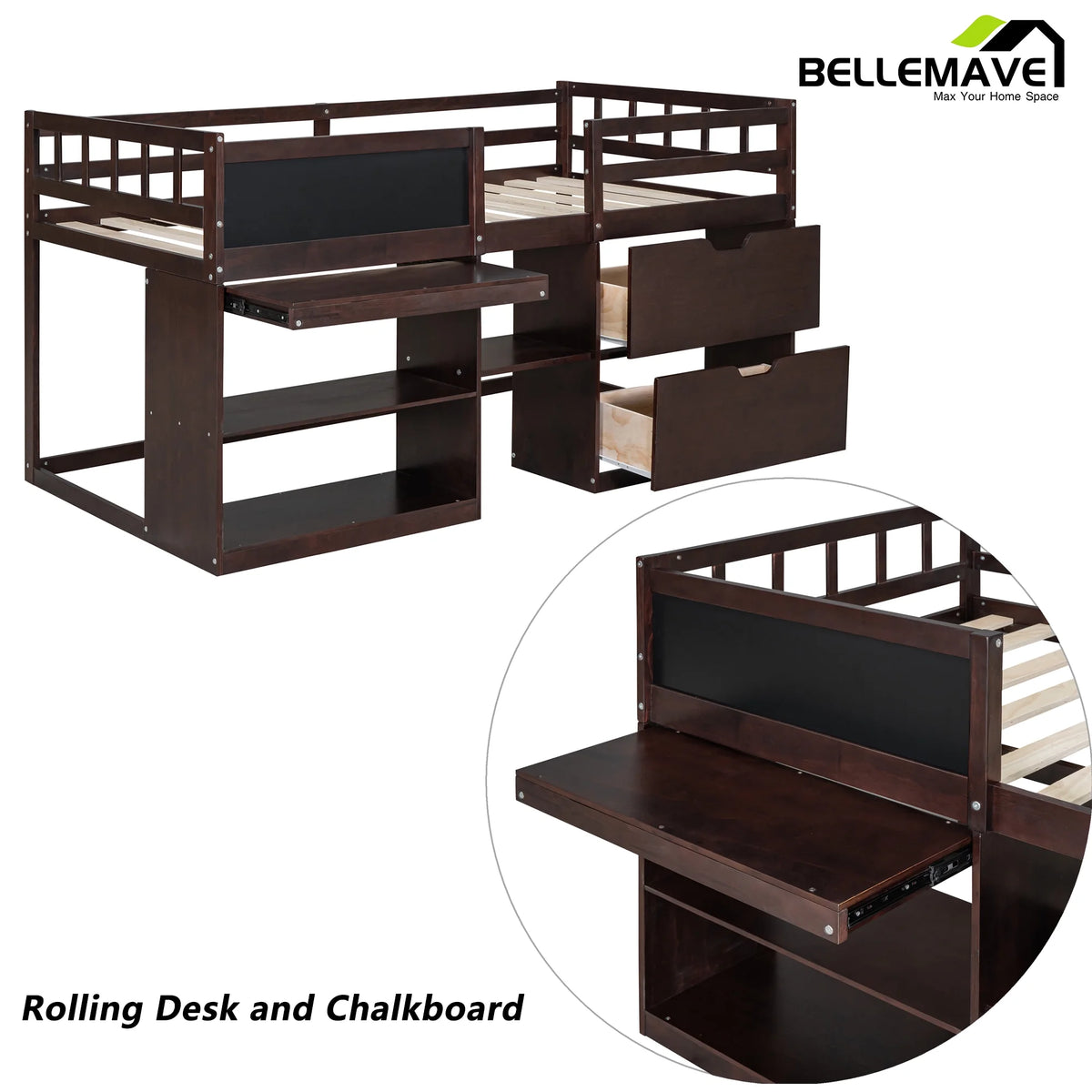 Twin Size Loft Bed with Rolling Desk, Storage Shelves and Chalkboard M951