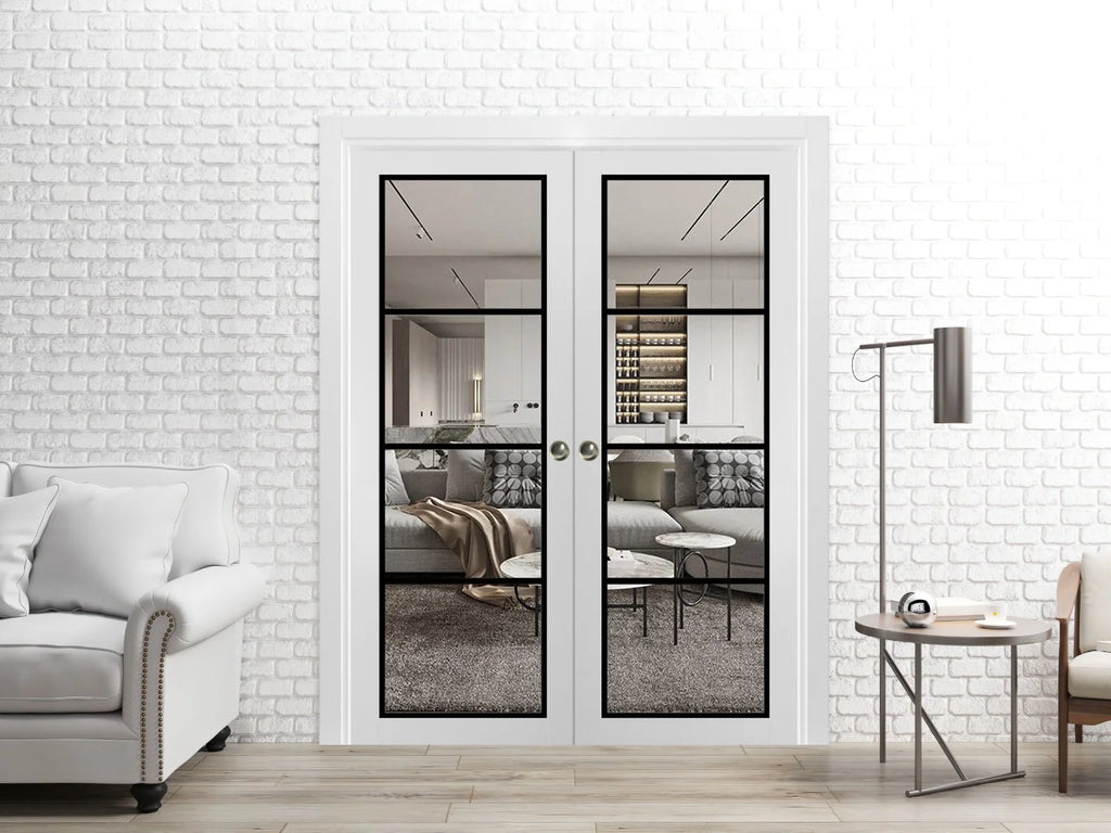 White Silk Clear Glass Solid Wood Double Pocket Doors L1191
