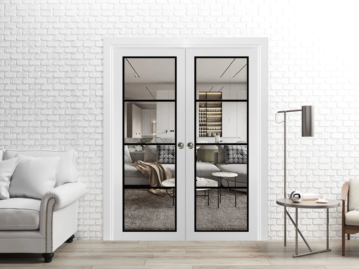 White Silk Clear Glass Solid Wood Double Pocket Doors L1191