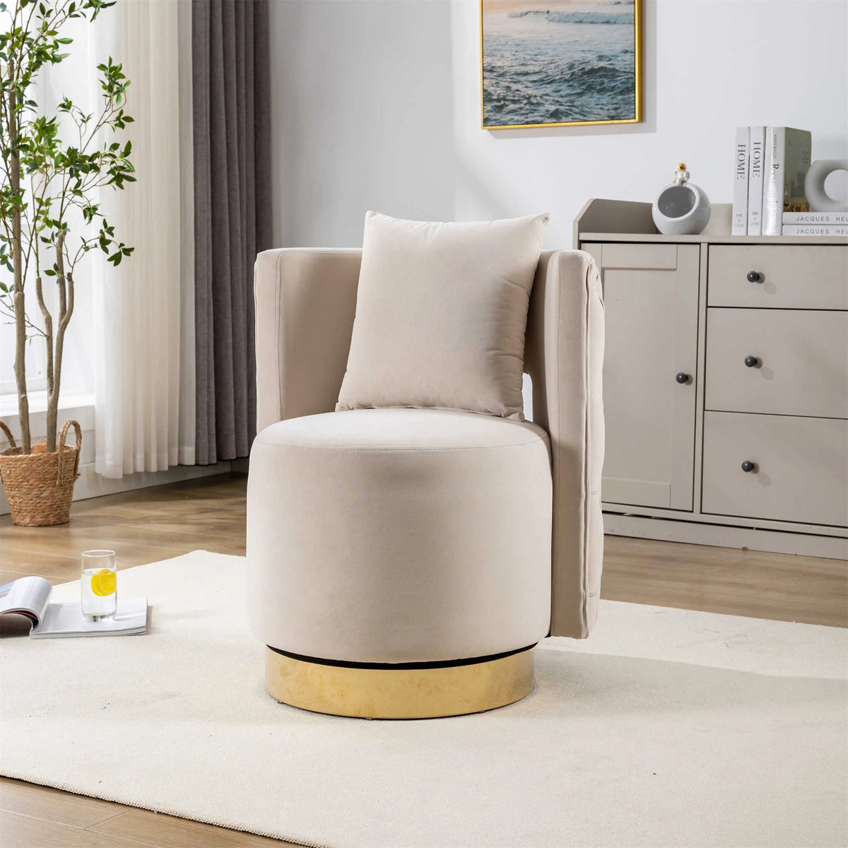 Beige Velvet Swivel Barrel Accent Chair P53859