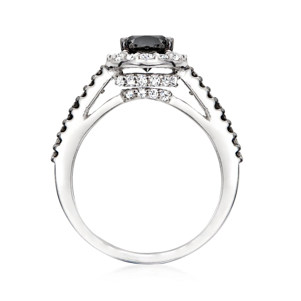 Black and White Diamond Halo Ring in Sterling Silver I209