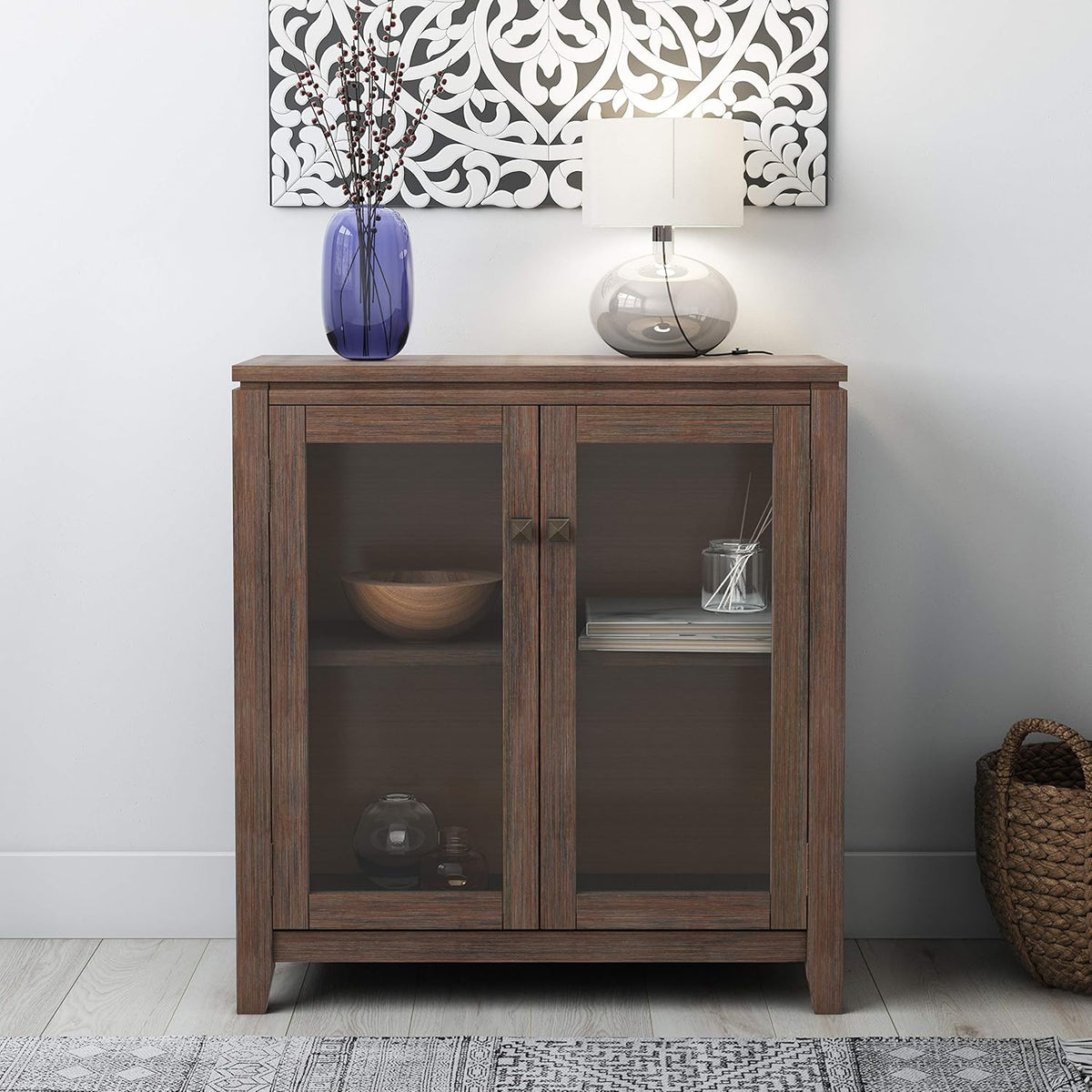 Farmhouse Grey 30 inch Low Storage Cabinet with 2 Tempered Glass Doors Y267