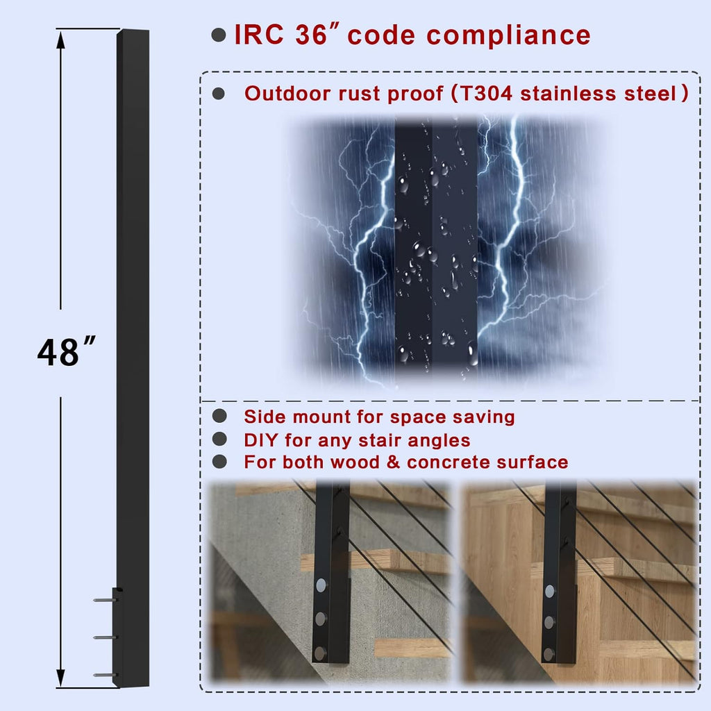 Black Square Weldless Stainless Steel Cable Railing Post I49295