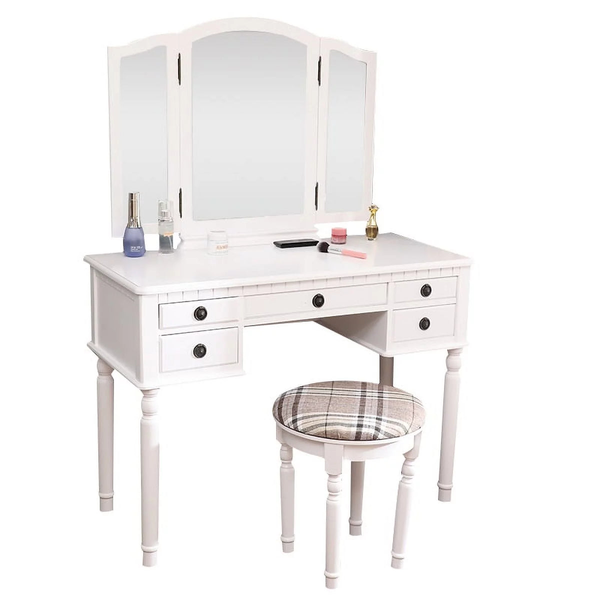Tri-Folding Vanity Set with Cushioned Stool and 5 Storage Drawer H51776