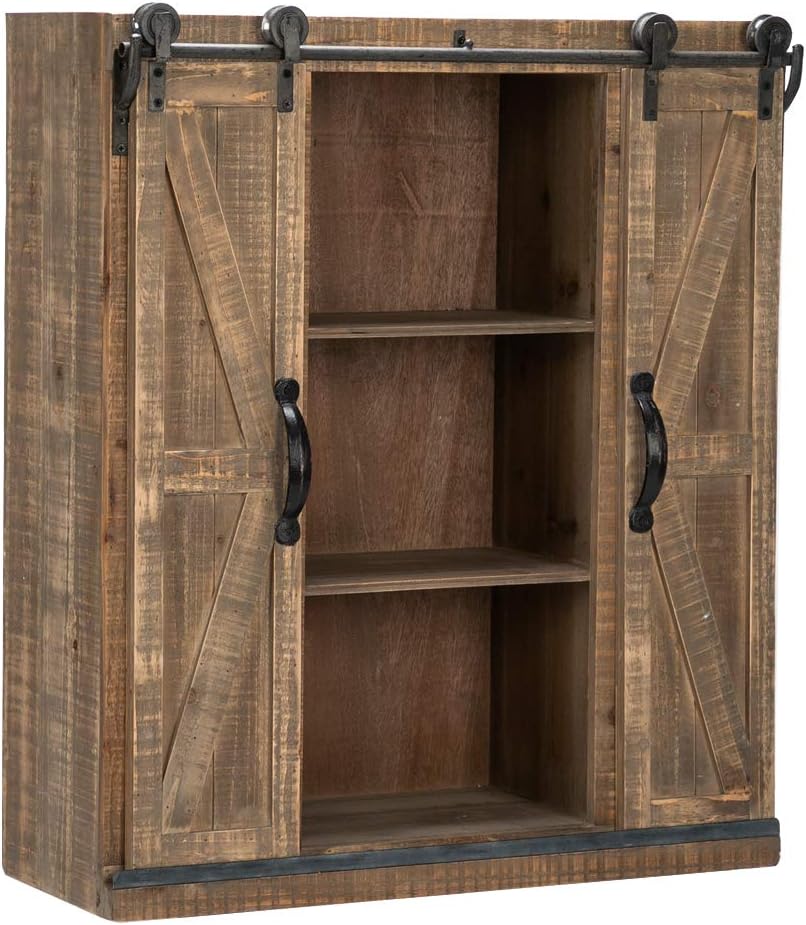 Rustic Wooden Wall Mounted Storage Cabinet with Sliding Barn Double Doors M34089