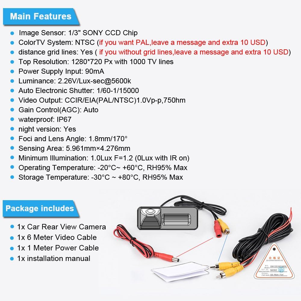 Waterproof Night Vision HD CCD License Plate Light Camera Rear View Backup Camera U286839