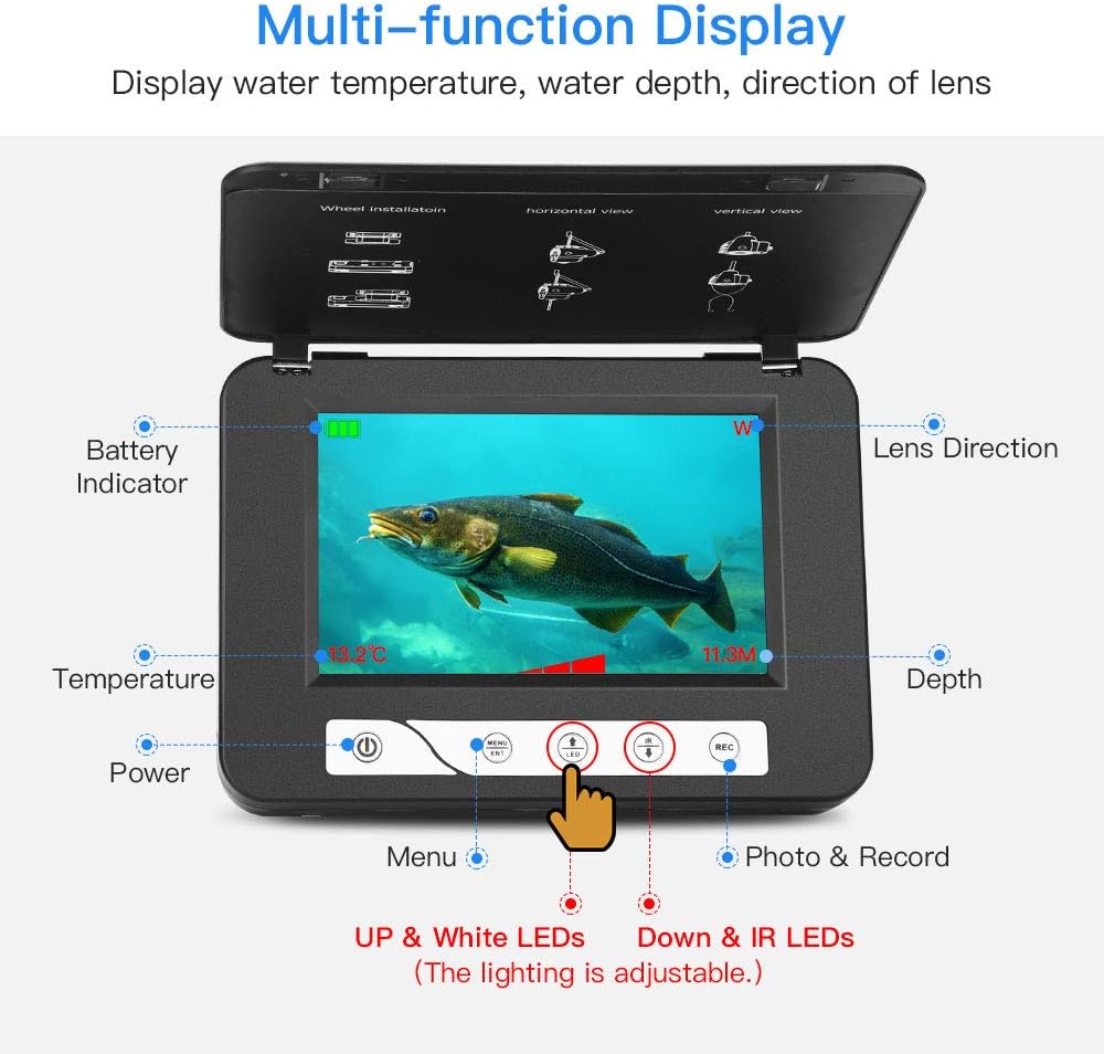 Portable Underwater Fishing Camera with 5 Fish Finder, HD 1000TVL Infrared+ White Lights IP68 Waterproof Camera F907