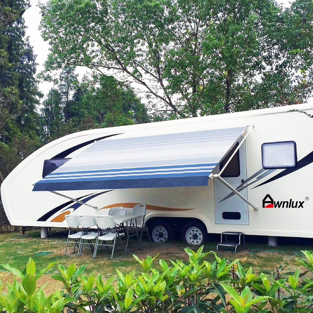 Blue Ombre White 12' Vinyl RV Awning Fabric Replacement with Press Plate & Pull Strap M745892
