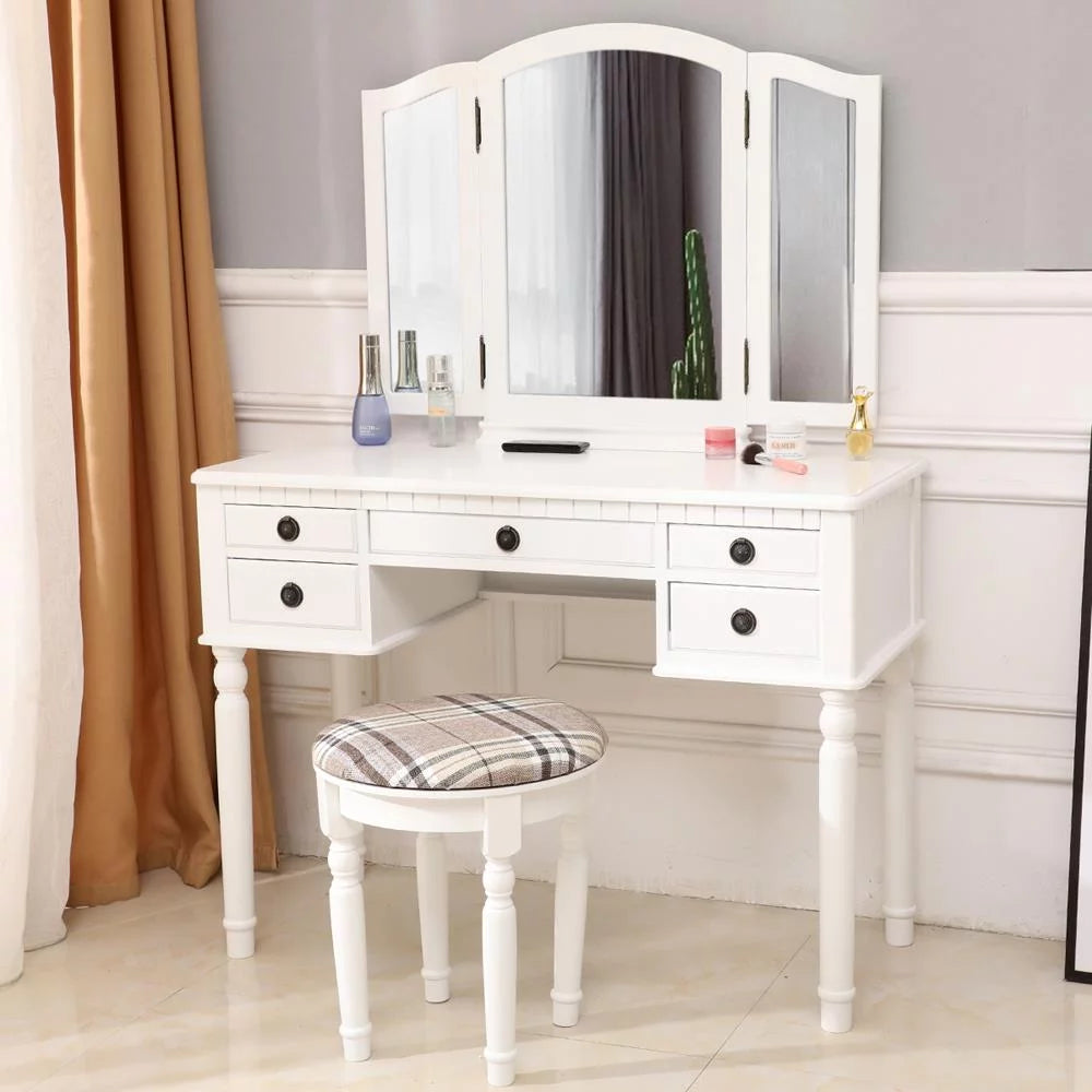 Tri-Folding Vanity Set with Cushioned Stool and 5 Storage Drawer H51776