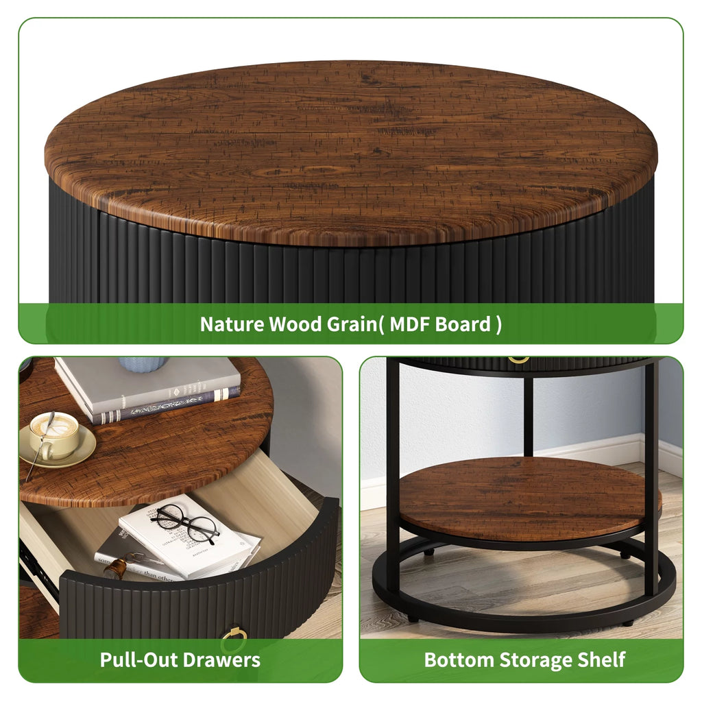 Black Metal 2-Tier Round End Table with Drawer W8811