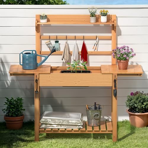 Solid Wood Potting Bench Table with Sink and Storage Shelves L74983