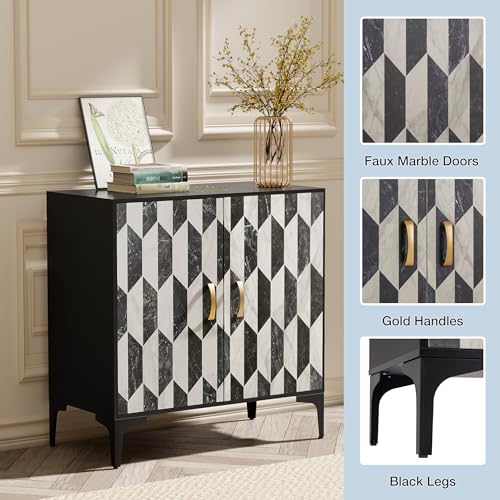 Black 2 Packs Sideboard with 4 Faux Marble Doors and Gold Handles, 27.6 X 15.75 X 31.5 Inches A16016