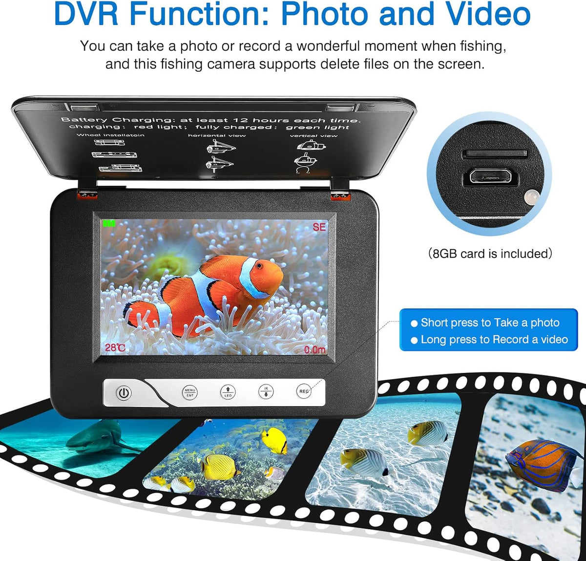 Portable Underwater Fishing Camera with 5 Fish Finder, HD 1000TVL Infrared+ White Lights IP68 Waterproof Camera F907