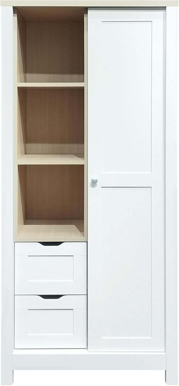 White Wooden Wardrobe Closet with 2 Drawers and Sliding Door R163702