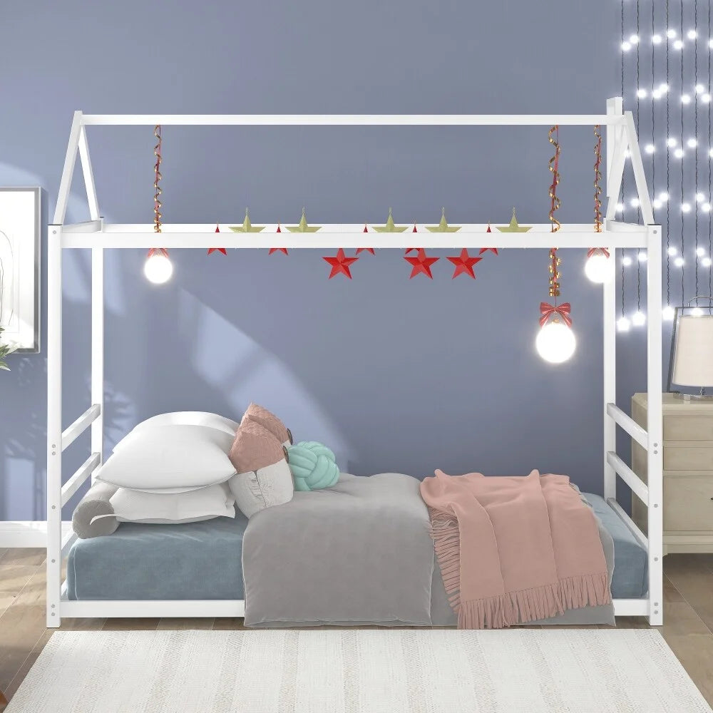 White Twin Size House Platform Bed with Roof and Chimney X461