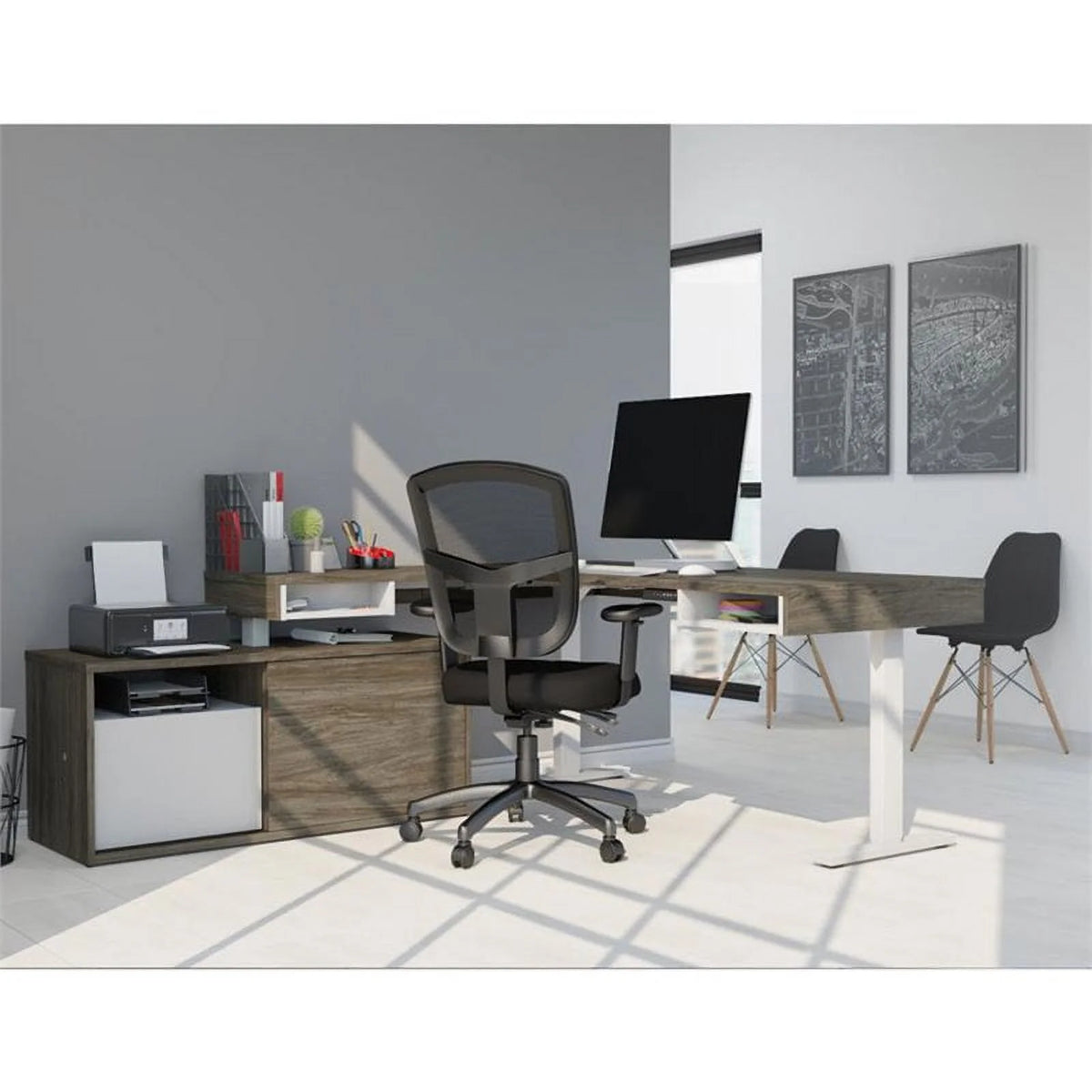 L Shaped Adjustable Standing Desk with Credenza M731