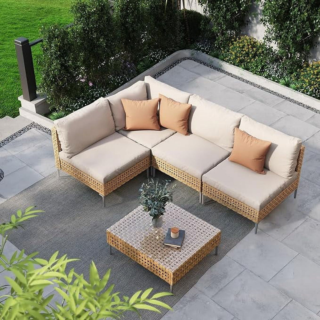 7-Piece Wicker Patio Furniture Set with Beige Cushions and Coffee Table M6473