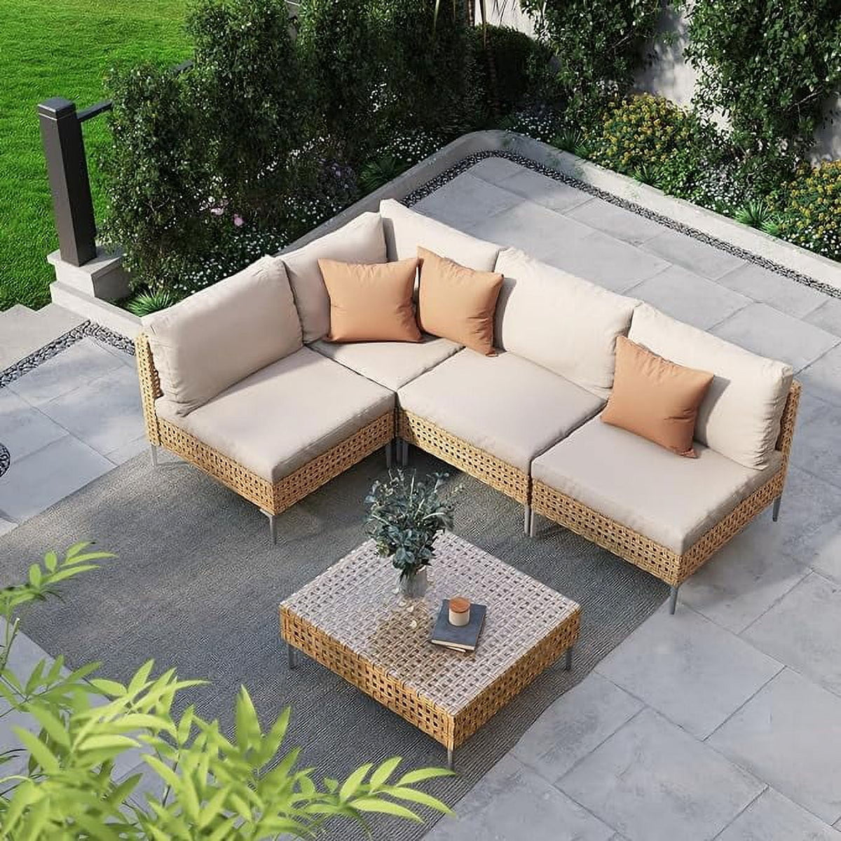 7-Piece Wicker Patio Furniture Set with Beige Cushions and Coffee Table M6473