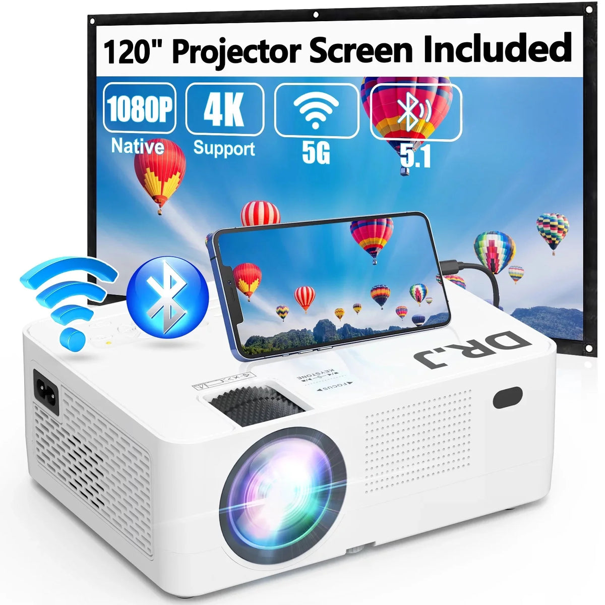 1080P 5G Wifi Bluetooth 5.1 4K Outdoor Movie Projector with 120 Screen G67787
