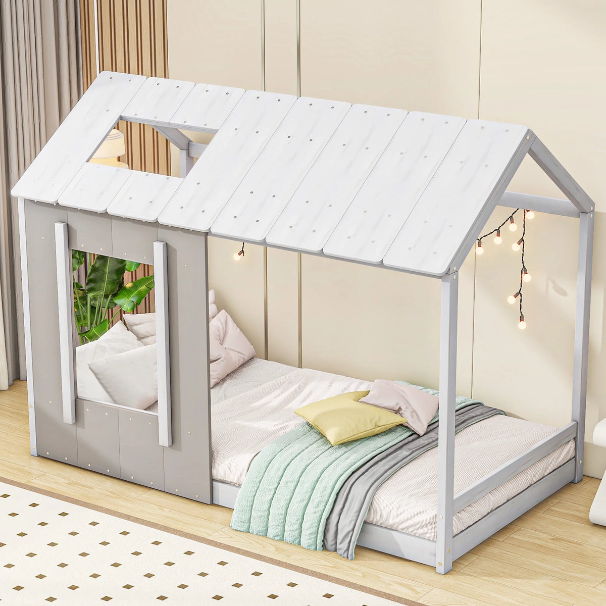 Wood Twin House Platform Bed with Roof and Window, Gray F2951