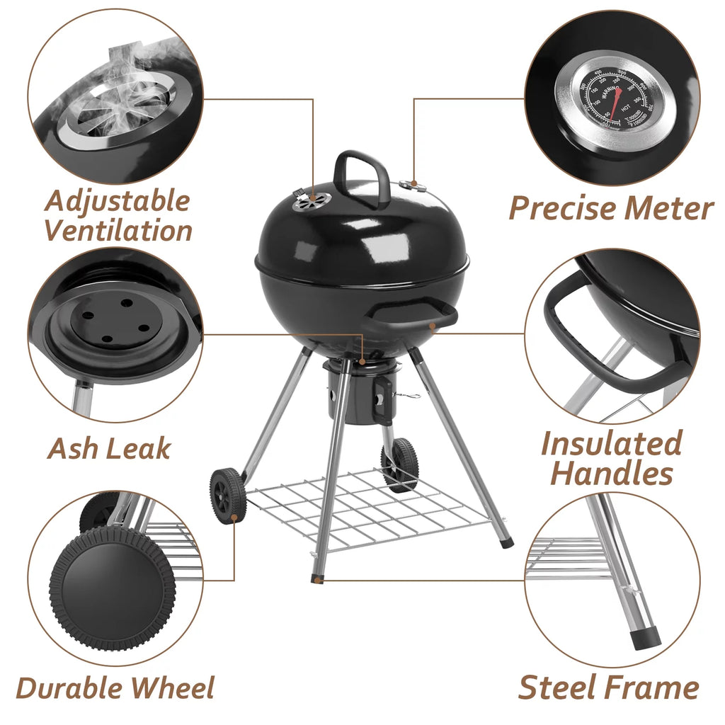 29” Black Outdoor Charcoal Grill with Side Shelf and Wheels X90320