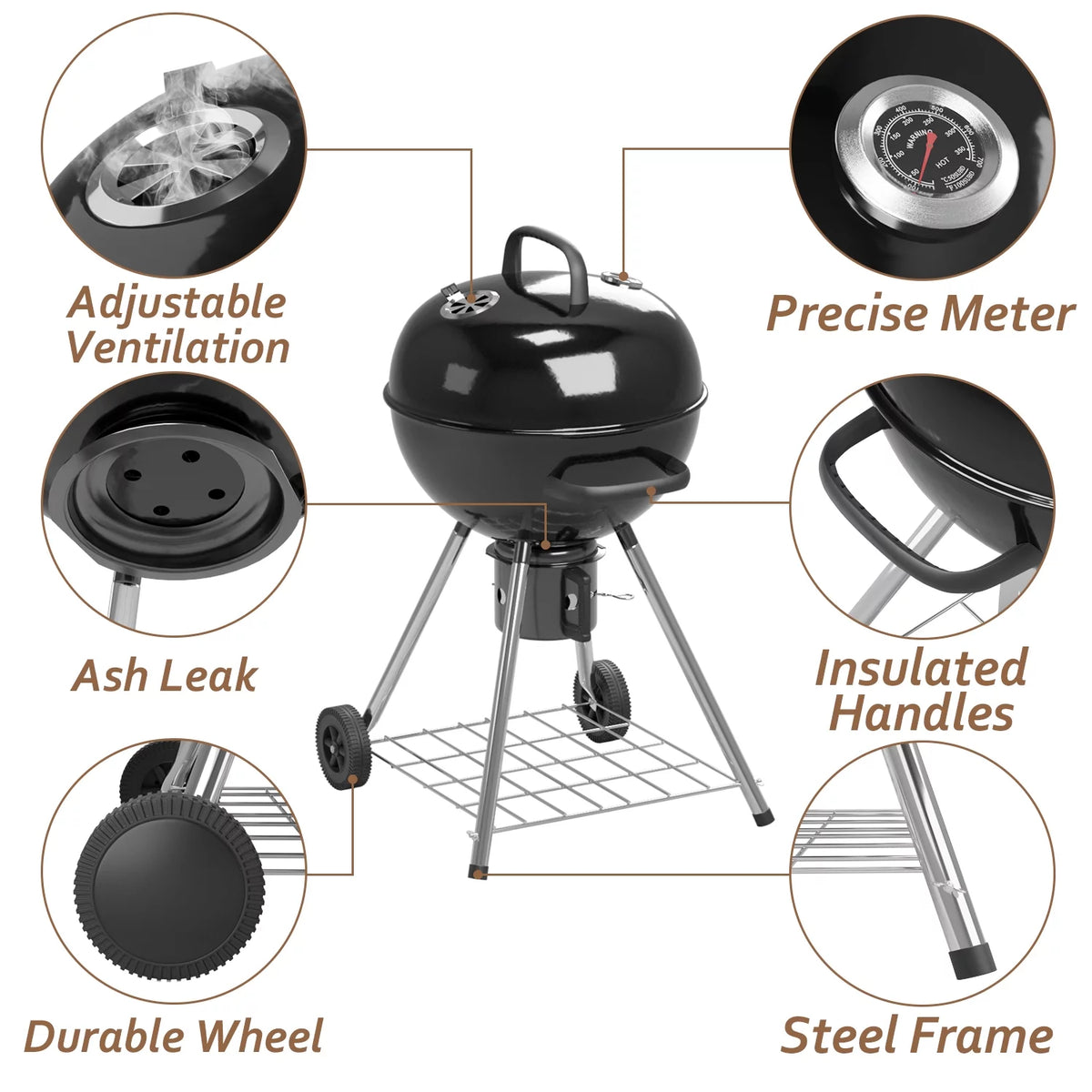 29” Black Outdoor Charcoal Grill with Side Shelf and Wheels X90320
