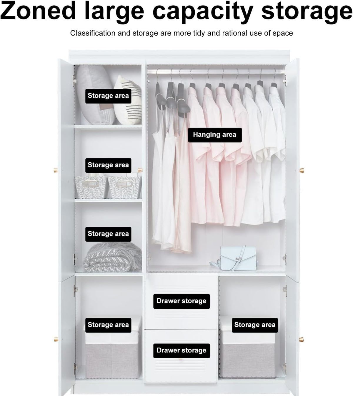 White 3 Door Wooden Armoire Wardrobe with 2 Drawers and Hanging Rod S68158