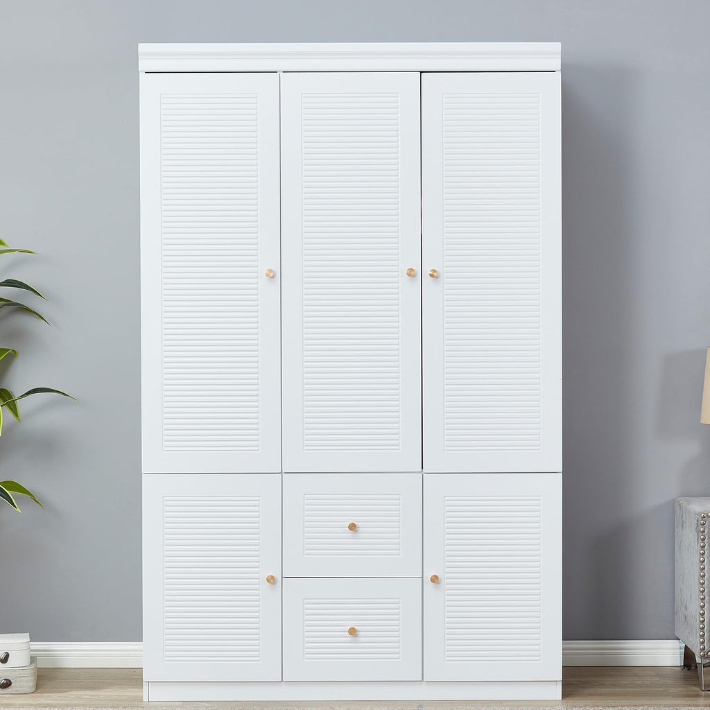 White 3 Door Wooden Armoire Wardrobe with 2 Drawers and Hanging Rod S68158