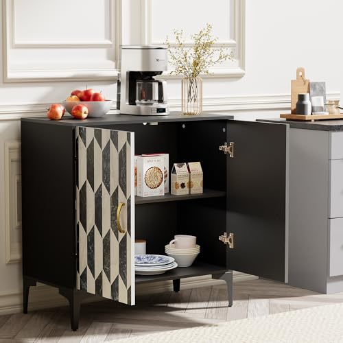Black 2 Packs Sideboard with 4 Faux Marble Doors and Gold Handles, 27.6 X 15.75 X 31.5 Inches A16016