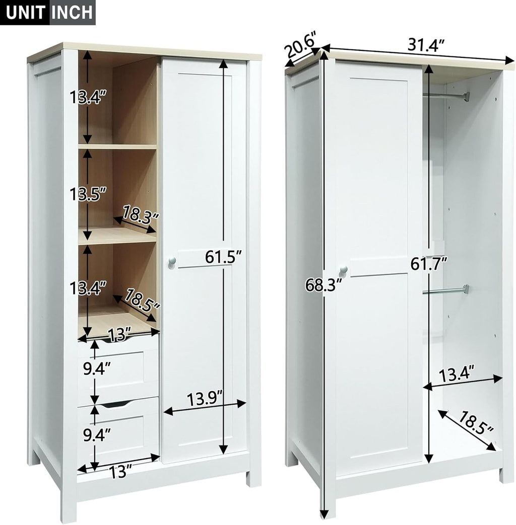 White Wooden Wardrobe Closet with 2 Drawers and Sliding Door R163702