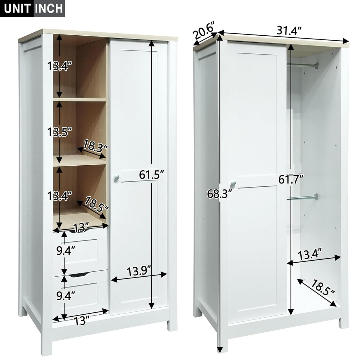 White Wooden Wardrobe Closet with 2 Drawers and Sliding Door R163702