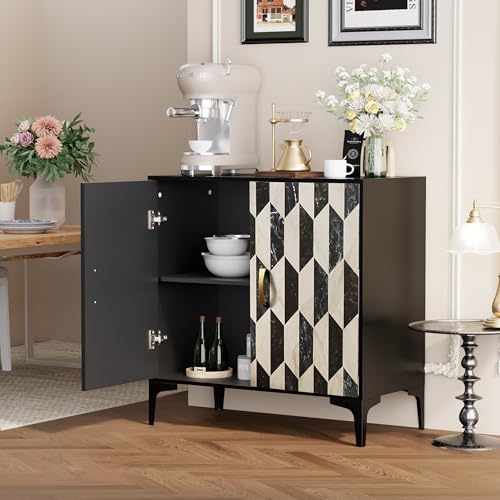 Black 2 Packs Sideboard with 4 Faux Marble Doors and Gold Handles, 27.6 X 15.75 X 31.5 Inches A16016