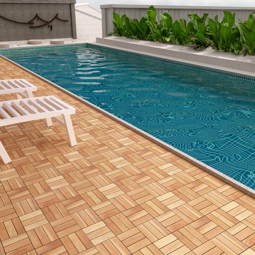 20 Pack Solid Acacia Wood Interlocking Deck Tiles, Golden Teak W9092