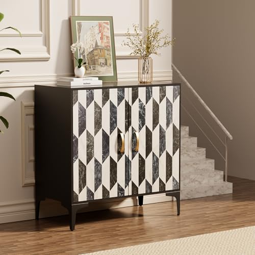 Black 2 Packs Sideboard with 4 Faux Marble Doors and Gold Handles, 27.6 X 15.75 X 31.5 Inches A16016