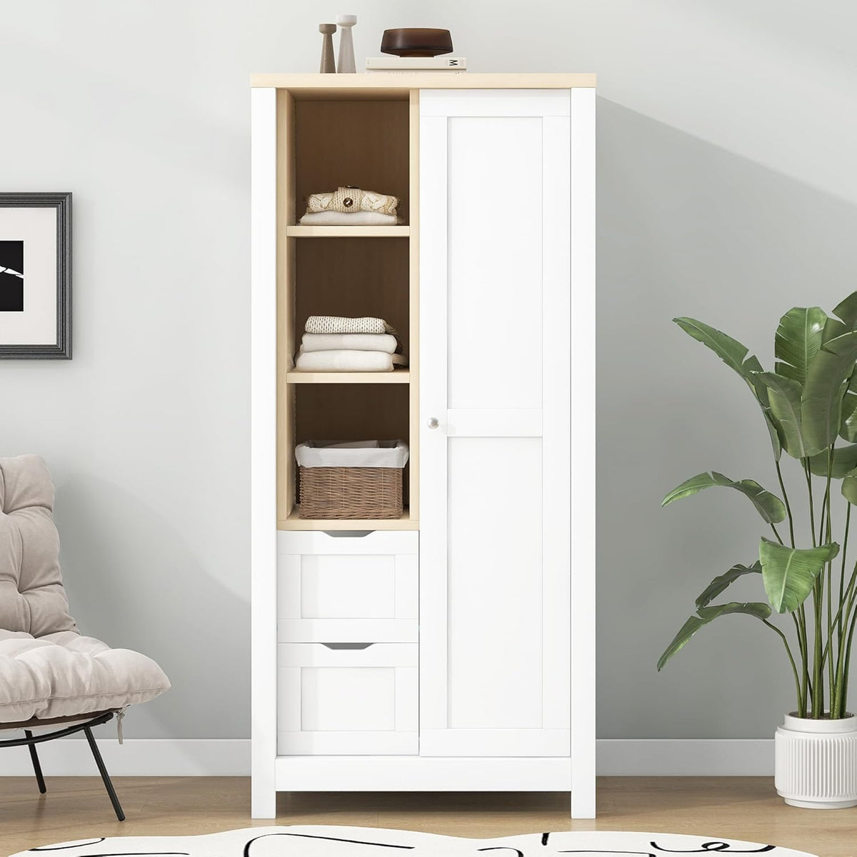 White Wooden Wardrobe Closet with 2 Drawers and Sliding Door R163702