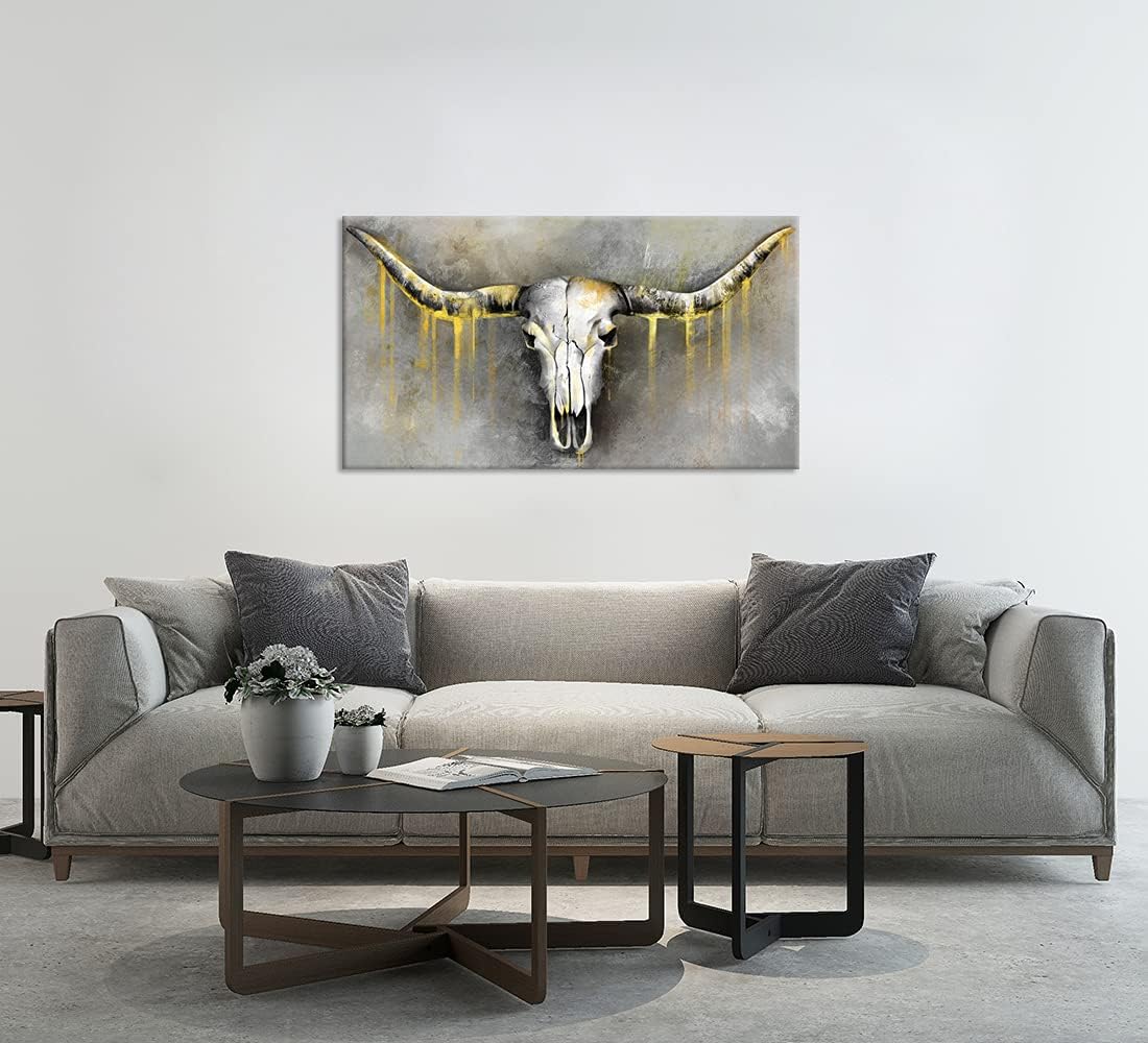 Large Abstract Bull Skull Canvas Wall Art Grey and Gold 20x36inch K7207