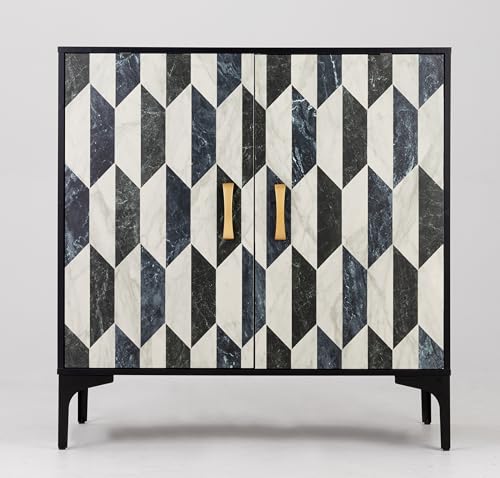 Black 2 Packs Sideboard with 4 Faux Marble Doors and Gold Handles, 27.6 X 15.75 X 31.5 Inches A16016