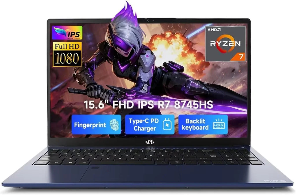 15.6" Gaming Laptop IPS FHD AMD Ryzen 7 8745HS Radeon 780M GPU 32GB DDR5 RAM 2TB SSD 100W Type-C Fingerprint USB-C 4.0 Backlit Keyboard N7408