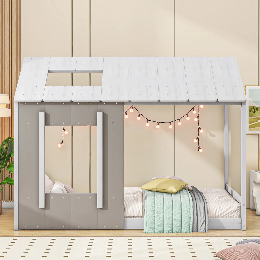 Wood Twin House Platform Bed with Roof and Window, Gray F2951