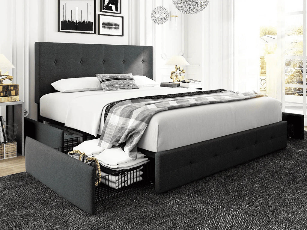 Queen Size Storage Bed Frame with 4 Drawers, Tufted Adjustable Headboard, Dark Grey V52317